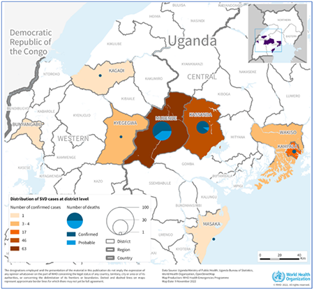 Mapa de casos confirmats i defuncions de malaltia de l’Ebola a Uganda (7 de novembre de 2022)