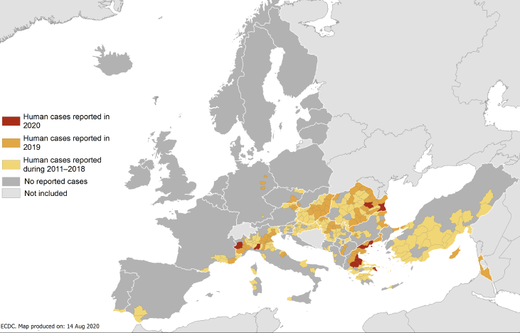 Distribució del virus del Nil Occidental en humans